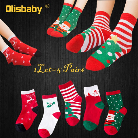 5Pairs Christmas 100% Cotton Baby Boys Girls Winter Socks New Year Striped Keep Warm Floor Anti-skid Children&#39;s Socks 2-12 Years