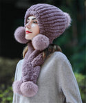 Women Knit Real Rex Rabbit Fur Hat Scarf Sets Warm Winter Lady Fluffy Cap Muffler Set with Pompom