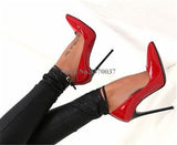 Brand Design Women Fashion Pointed Toe Patent Leather Stiletto Thin Heel Pumps Ankle Strap Super High Heels Club Shoes