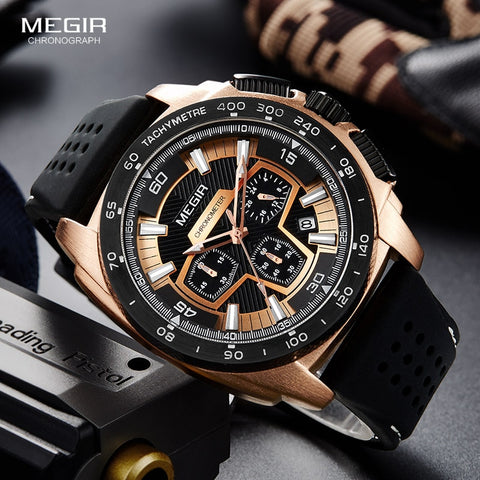 Megir Males Mens Chronograph Sport Watches with Quartz Movement Rubber Band Luminous Wristwatch for Man Boys 2056G-1N0