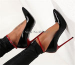 Brand Design Women Fashion Pointed Toe Patent Leather Stiletto Thin Heel Pumps Ankle Strap Super High Heels Club Shoes