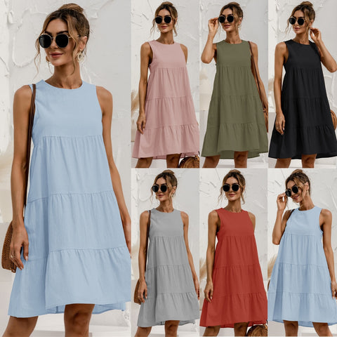 2022 Summer Women Vest Dress Cotton O-Neck Sleeveless Solid Midi Dress Stitching Large Swing Casual Loose Sundress Vestidos