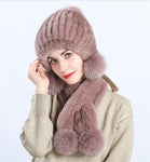 Women Knit Real Rex Rabbit Fur Hat Scarf Sets Warm Winter Lady Fluffy Cap Muffler Set with Pompom