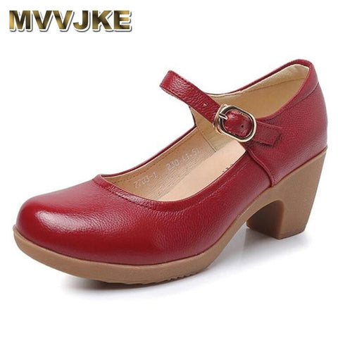 MVVJKE  Genuine Leather Shoes Women Round Toe Pumps Sapato feminino High Heels Shallow Fashion Black Work Shoe Plus Size 33-43