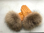 Real Raccoon Fur Gloves Women&#39;s Genuine Leather Gloves Fox Fur Big Raccoon Fur Sheepskin  Gloves Female Winter Velvet Warm Touch