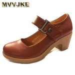 MVVJKE Mary Jane shoes high heel women ankle strap round toe square heel pumps dancing party lady wedges platform leather shoe