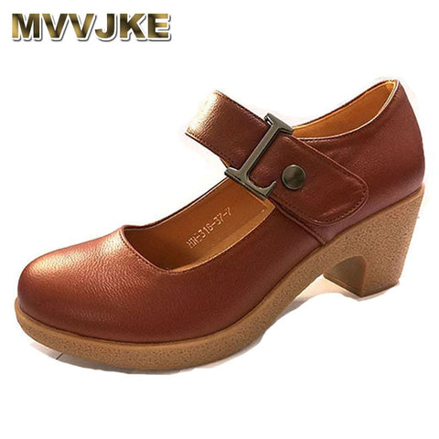 MVVJKE Mary Jane shoes high heel women ankle strap round toe square heel pumps dancing party lady wedges platform leather shoe