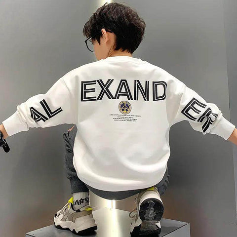 Spring Kids Boys White Sweatshirts Cotton Long Sleeve Letter Print Pullover Tops for Teenagers Fashion Children Tracksuits 8 Yrs