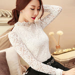 Fashion 2021 Plus Size Lace Crocheted Hollow Out Top Stand-up Collar White Blouse Woman Sweet Long Sleeve Shirts Blusas 1695