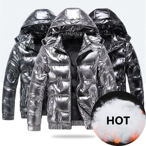 New Bright Leather Winter Men&#39;s Jacket Casual Parka Outwear Waterproof Puffer Padding Warm Stand With Hood Outwearing Coat