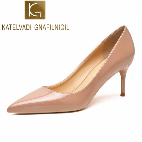 KATELVADI Beige Women&#39;s Shoes Patent Leather Shoes Woman High Heel Fashion 6.5CM High Heel shoes,K-323