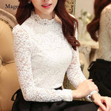 Fashion 2021 Plus Size Lace Crocheted Hollow Out Top Stand-up Collar White Blouse Woman Sweet Long Sleeve Shirts Blusas 1695