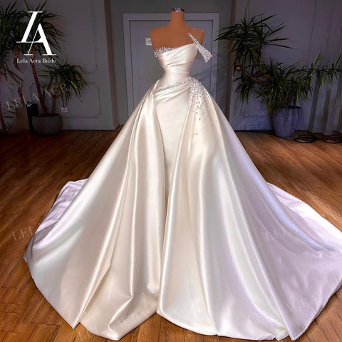 LelaAcra Satin Beaded Wedding Dress 2022 3 In 1 Pearls Mermaid Court Train Luxury Princess Bride Gowns VS05 Vestido de Noiva