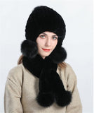 Women Knit Real Rex Rabbit Fur Hat Scarf Sets Warm Winter Lady Fluffy Cap Muffler Set with Pompom