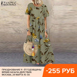 ZANZEA Fashion Summer Maxi Dress Women's Printed Sundress Casual Short Sleeve Vestidos Female High Waist Robe Femme Plus Size