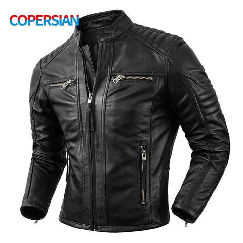 2023 New Motorcycle Causal Vintage Leather Coat Men Autumn Outfit Fashion Biker Pocket Design Top Layer Cow Leather Jacket