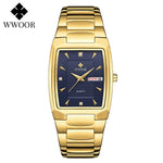 WWOOR 2023 New Square Watch Men with Automatic Week Date Luxury Stainless Steel Gold Mens Quartz Wrist Watches Relogio Masculino