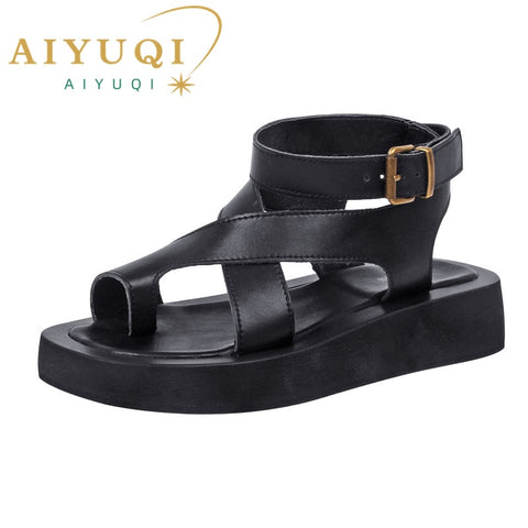 AIYUQI Sandals Women Genuine Leather 2023 Summer New Clip Toe Sandals Ladies Roman Women Shoes Muffin Sandals WHS MTO
