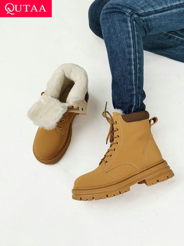 QUTAA 2023 Winter Casual Warm Wool Women Ankle Boots Genuine Leather Platforms Shoes Woman Fashion Motorcycle Boots Size 34-41