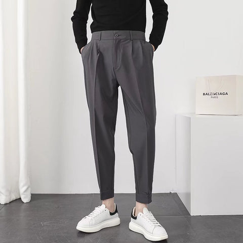 Fashion Men Casual Pants Elastic Waist Small Feet Slim Korean Style Pleated Tapered Male Blazer Pants Trousers Streetwear