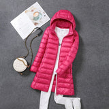 2022 women spring jacket Ultralight Thin Packable Down Long Jacket  Female Hat Detachable slim fit skirt Coat Portable Outwear