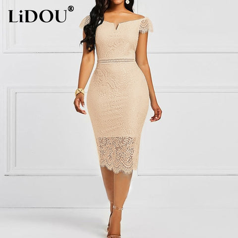 Summer 2022 One Word Collar Elegant Fashion Lace Bodycon Dresses Women Sexy Off Shoulder Waist Hollow Out Evening Party Dress