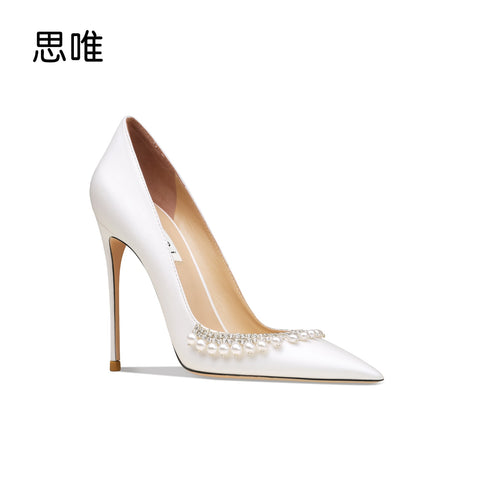 High Heels For Women 2022 New Pearl Sexy Brand White Heels Women Satin Surface Point Toe Pumps Weddings bridal Shoes 6-8-10