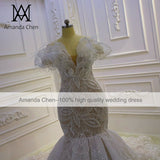 AM1157 Mermaid Champagne Lace Feather Wedding Dress