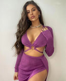 2022 New Long Sleeve Bandage Dress Sets Elegant Women Top And Skirts Sexy Club Split Skirts Two Piece Set Summer Fashion Outfits
