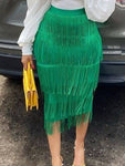 Green Fringe Bodycon Pencil Skirts Tassel High Waist Women Stretch Sheath Midi Length Ladies Slim Jupe Saias faldas Big Size