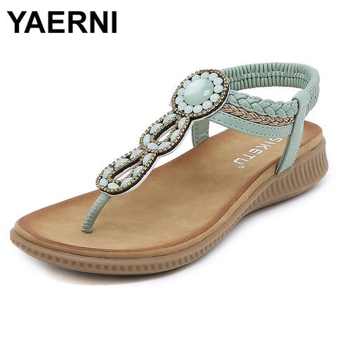 Plus Size 5-11 Bohemian Crystal Sandals Women Shoes Rhinestone Lady Flip Flops Pearl Slip On Tong Female Flat Summer Beach Shoes