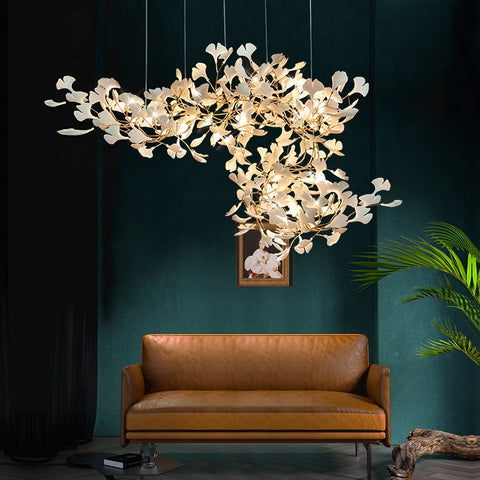 New gold chandelier white ceramic leaf lamp indoor home living room decorative lamp French luxury staircase ceiling lamp