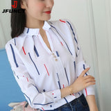 JFUNCY Women White Tops Women&#39;s Blouses Fashion Stripe Print Casual Long Sleeve Office Lady Work Shirts Female Slim Blusas