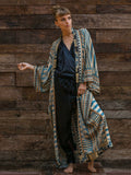2023 Blue Retro Printed Long Sleeve Self Belted Plus Size Bohemian Kimono Tunic Women Tops and Blouses Shirts Q1228