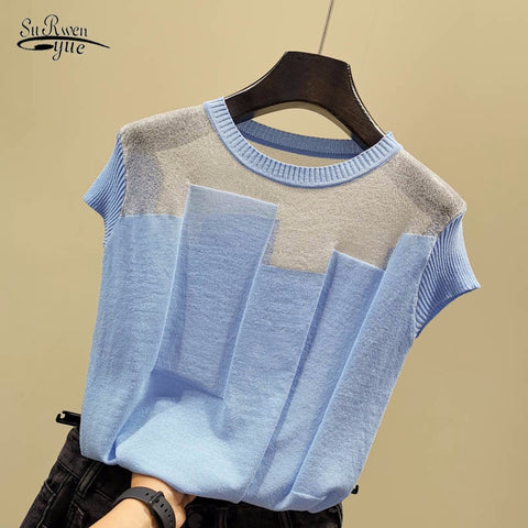 Korean Patchwork Ice Silk Knitted Tops Blusas Mujer De Moda Women O-neck Short Sleeve Pullover Fashion Thin Blouse Blusas 8796