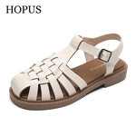 HOPUS Women Sandals Summer 2022 Retro Plus Size Breathable Elegant Flats Sandals Beach Footwear Fashion Low Heel Shoes For Women
