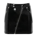 Womens High Waist Slanted Zipper Black Hot Short Mini Skirts Festival Rave Party Clubwear Wet Look Patent Leather Mini Skirt