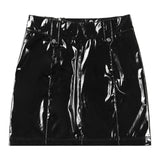 Womens High Waist Slanted Zipper Black Hot Short Mini Skirts Festival Rave Party Clubwear Wet Look Patent Leather Mini Skirt