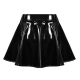 Womens Glossy Patent Leather Flared Miniskirt Club Bar Pole Dance Performance Costume Invisible Zipper A-Line Short Mini Skirts