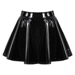 Womens Invisible Zipper A-Line Short Mini Skirts Glossy Patent Leather Flared Miniskirt Club Bar Pole Dance Performance Costume