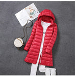 2022 women spring jacket Ultralight Thin Packable Down Long Jacket  Female Hat Detachable slim fit skirt Coat Portable Outwear