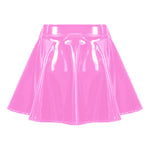 Womens Invisible Zipper A-Line Short Mini Skirts Glossy Patent Leather Flared Miniskirt Club Bar Pole Dance Performance Costume