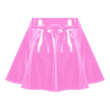 Womens Invisible Zipper A-Line Short Mini Skirts Glossy Patent Leather Flared Miniskirt Club Bar Pole Dance Performance Costume