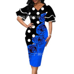 2022 Summer Elegant Fashion Oversized Vintage Print V-neck Double Layer Flare Sleeve Pencil Dress Women Party Bodycon Dresses