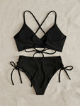 Sexy Bikini Women Swimsuit 2023 New Black Lace Up Ribbed Swimwear High Waist Bikinis Set Summer Beach Bathing Suit For Female XL