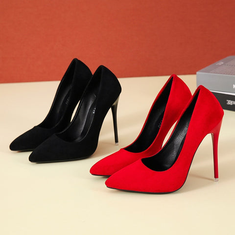 Big Size 35-45 women&#39;s shoes 2021 concise flock high heels women pumps pointed toe classic red gray ladies wedding shoes office