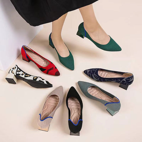 Large women&#39;s high-heeled shoes Fashion pointy beautiful pattern square toe shoes Heel rubber anti-skid shoes New 2023