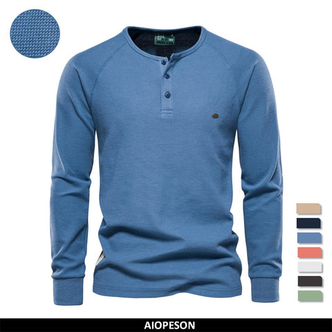 AIOPESON Waffle Henley T-Shirt Men Long Sleeve Basic Breathable Men&#39;s Tops Tee Shirts New Autumn Solid Color T Shirt For Men