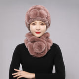 New Real Rex Rabbit Fur Hat and scarf Sets Fluffy Warm Cap Muffler 2 pieces Girl Women Gift
