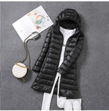 2022 women spring jacket Ultralight Thin Packable Down Long Jacket  Female Hat Detachable slim fit skirt Coat Portable Outwear